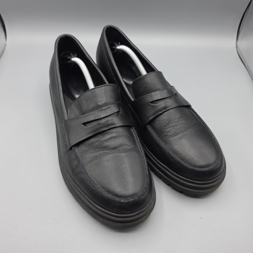Quince Shoes Womens 10.5 Black Leather Penny Loafer Lug Sole Chunky Platform